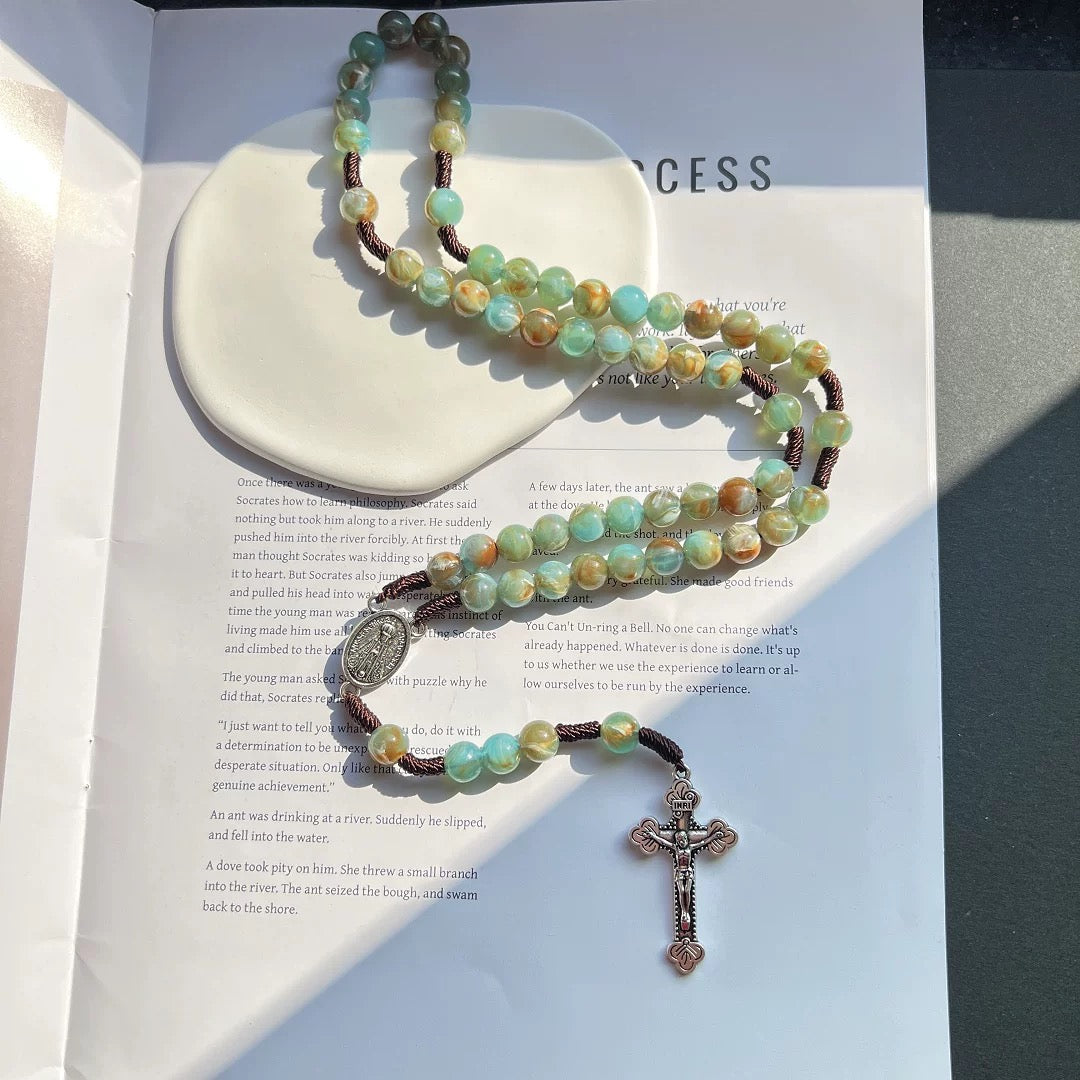 BlessingTree Handcrafted Agate-Style Beaded Rosary Necklace