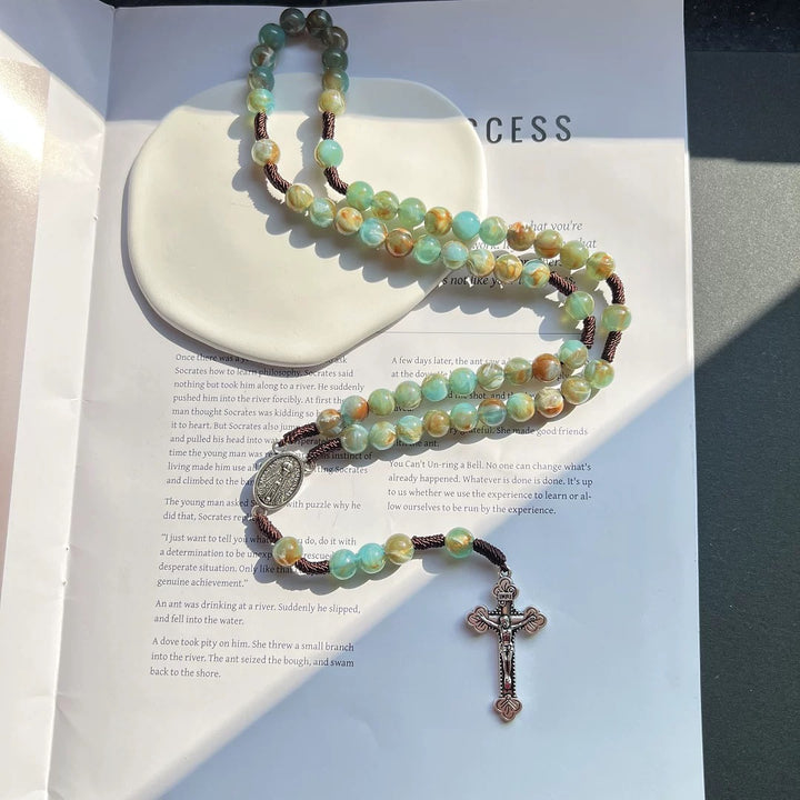 BlessingTree Handcrafted Agate-Style Beaded Rosary Necklace