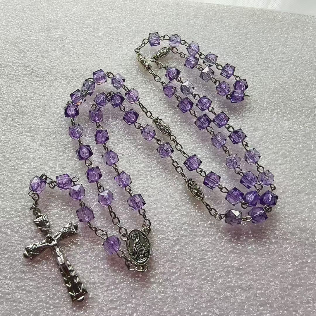 BlessingTree Square Crystal Rosary Necklace with Alloy Cross Pendant