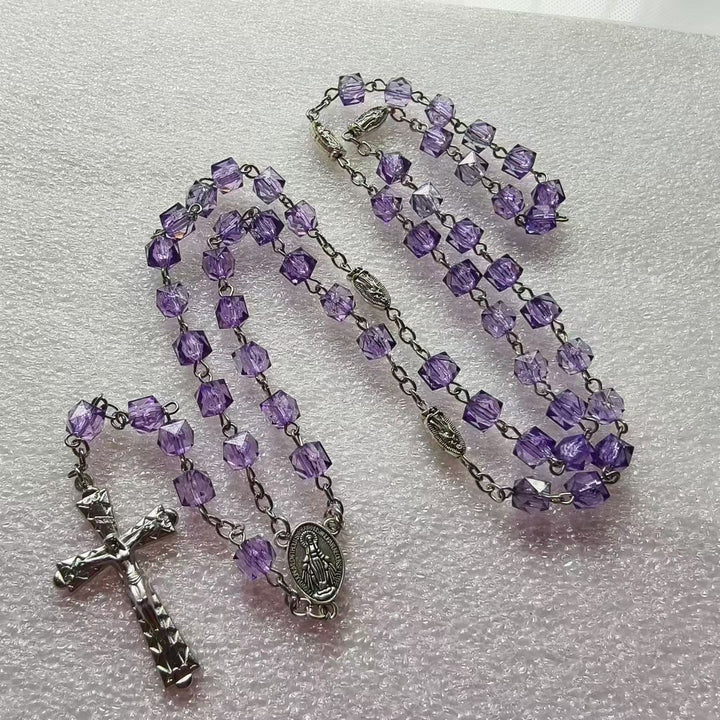 BlessingTree Square Crystal Rosary Necklace with Alloy Cross Pendant