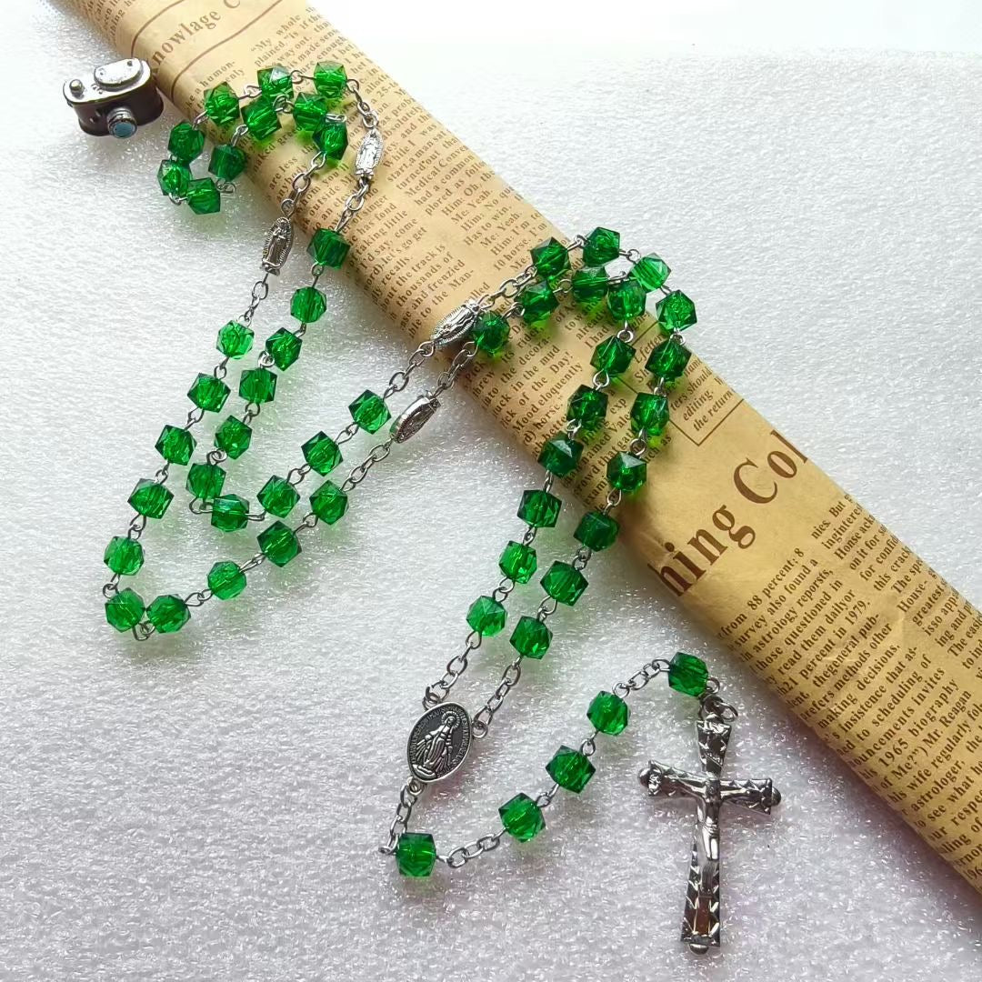 BlessingTree Square Crystal Rosary Necklace with Alloy Cross Pendant