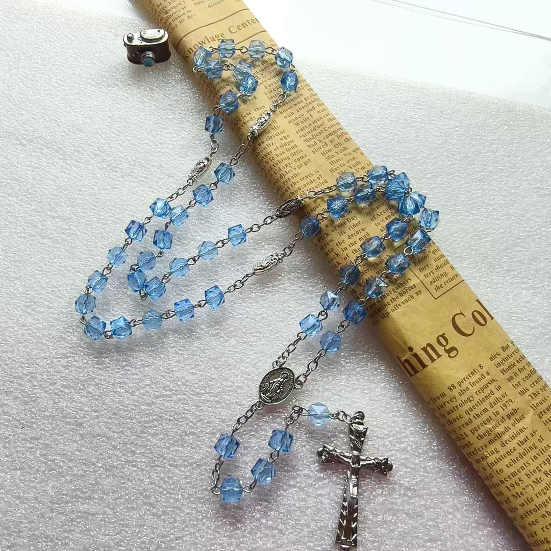 BlessingTree Square Crystal Rosary Necklace with Alloy Cross Pendant