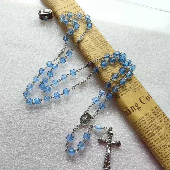 BlessingTree Square Crystal Rosary Necklace with Alloy Cross Pendant