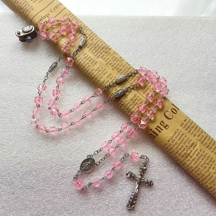 BlessingTree Square Crystal Rosary Necklace with Alloy Cross Pendant