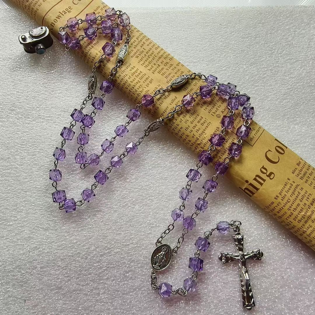 BlessingTree Square Crystal Rosary Necklace with Alloy Cross Pendant