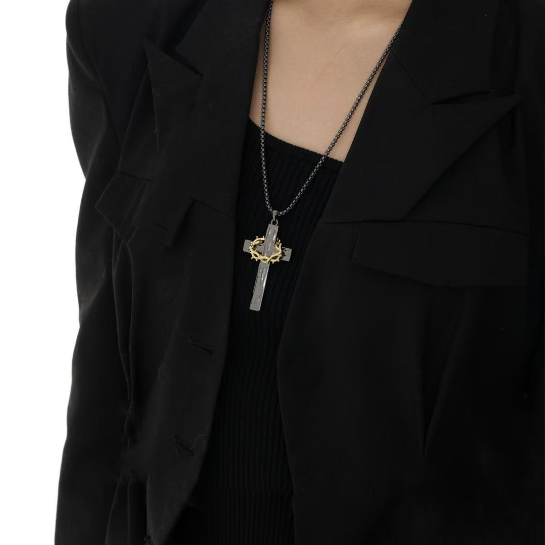 BlessingTree Stainless Steel Cross Necklace with Crown of Thorns