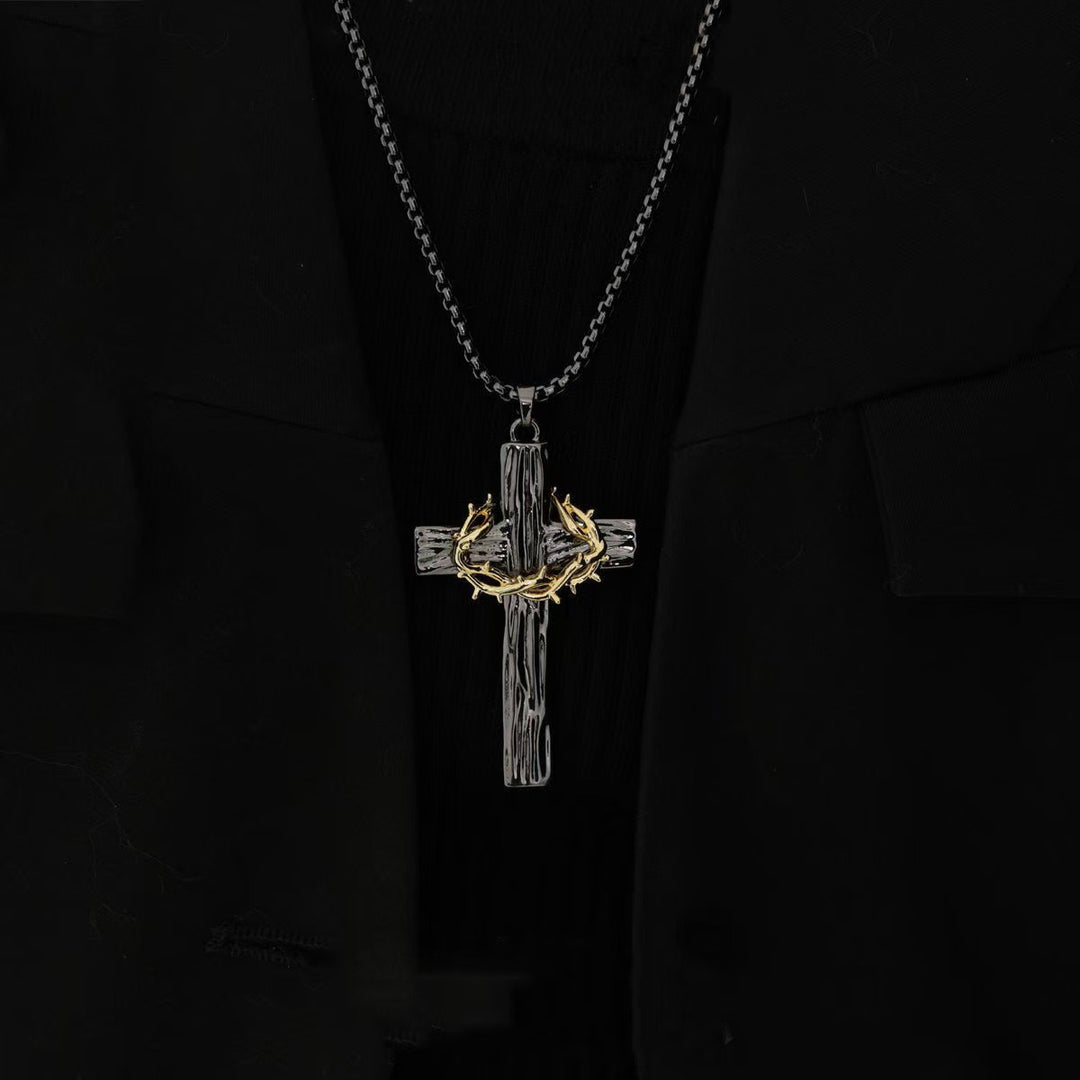 BlessingTree Stainless Steel Cross Necklace with Crown of Thorns