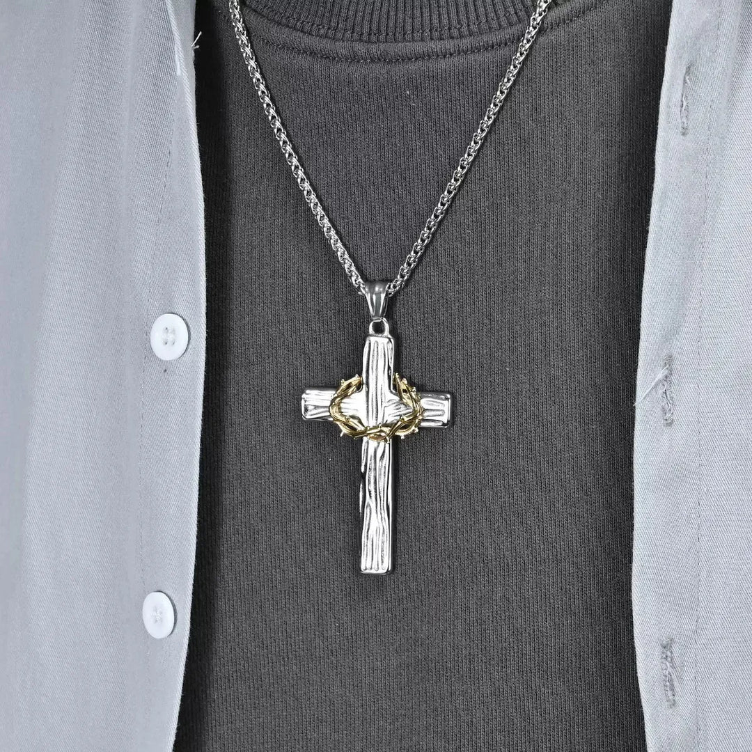 BlessingTree Stainless Steel Cross Necklace with Crown of Thorns
