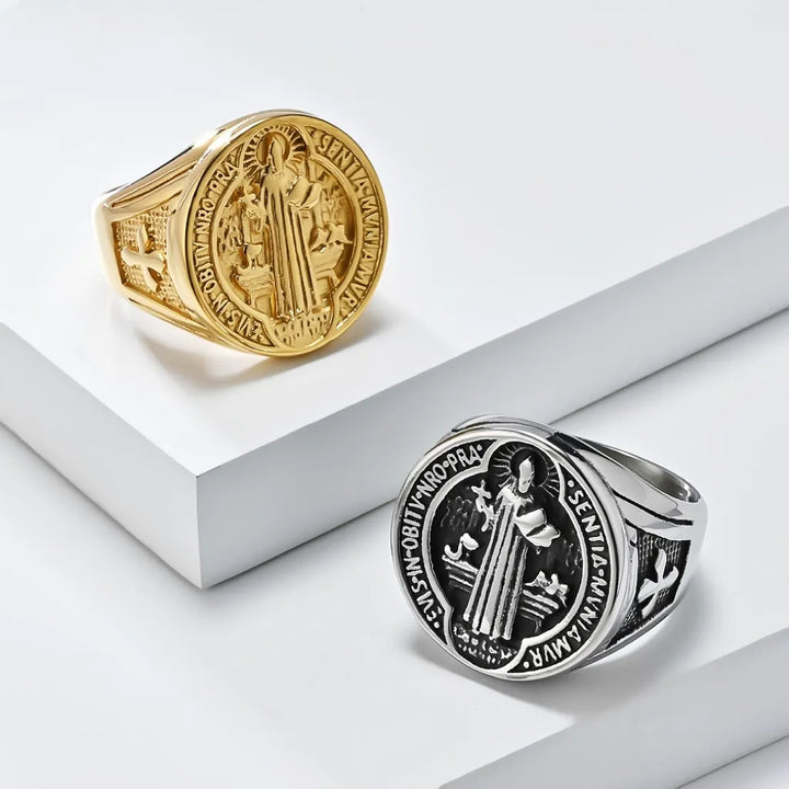BlessingTree Vintage St. Benedict Stainless Steel Ring
