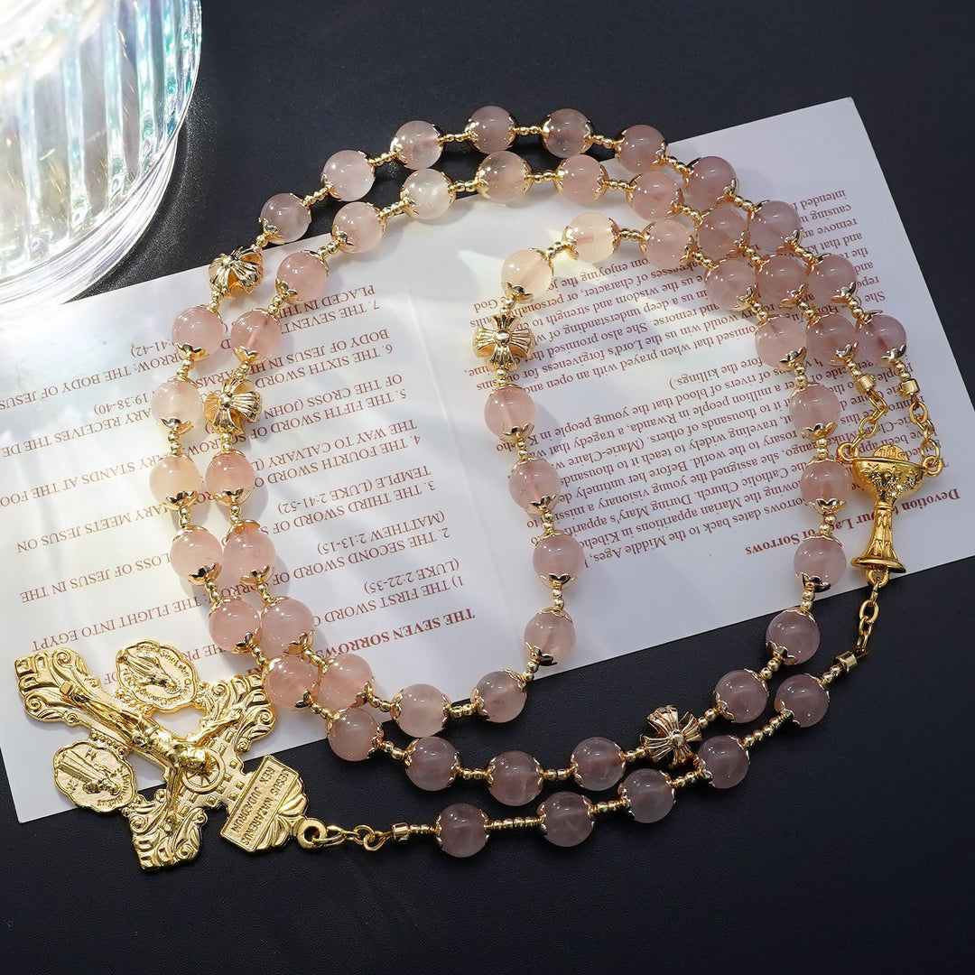 BlessingTree 8 mm Rose Quartz Rosary with Chalice and Forgiveness Cross