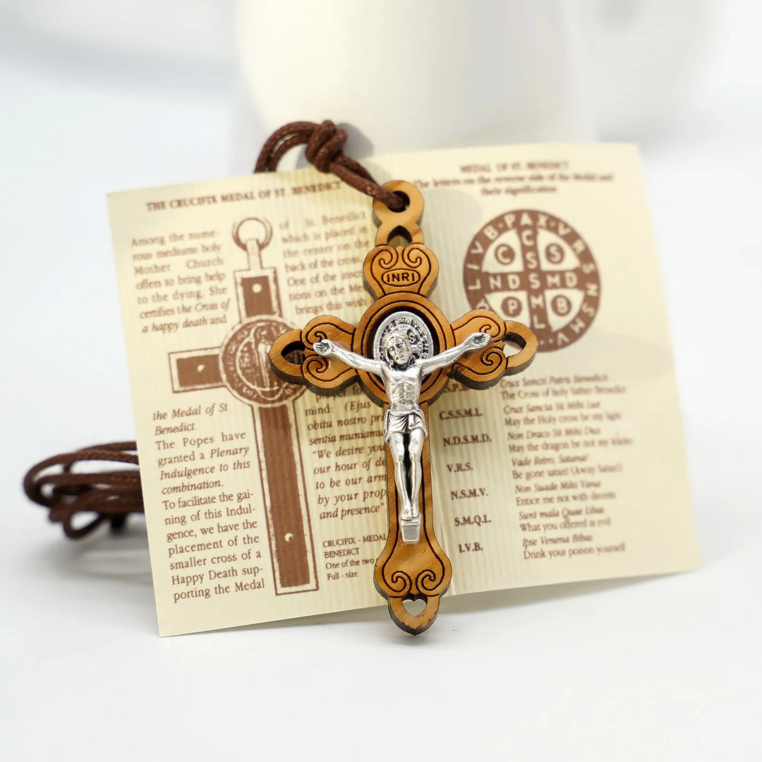 BlessingTree St. Benedict Olive Wood Crucifix Necklace with Cord Handcrafted Design
