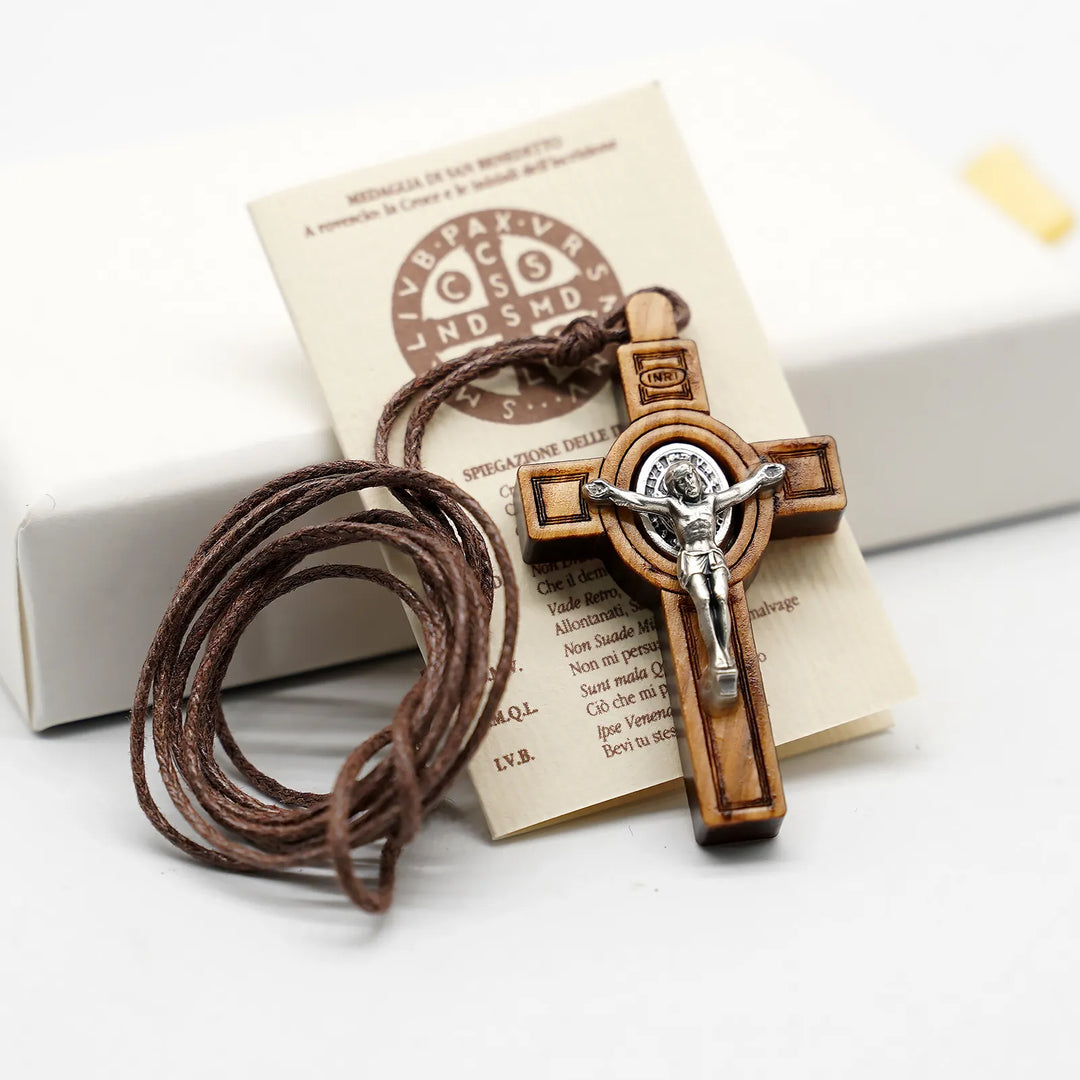 BlessingTree Olive Wood Saint Benedict Cross Necklace, Hand Polished Catholic Crucifix with Cord