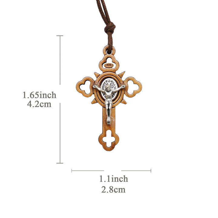 BlessingTree Saint Benedict Olive Wood Crucifix Necklace with Cutout Design