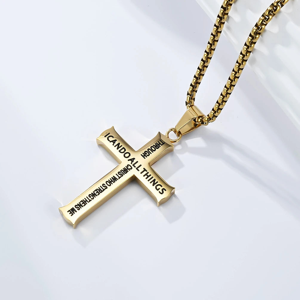 BlessingTree Philippians 4:13 Cross Pendant Necklace Stainless Steel Scripture Christian