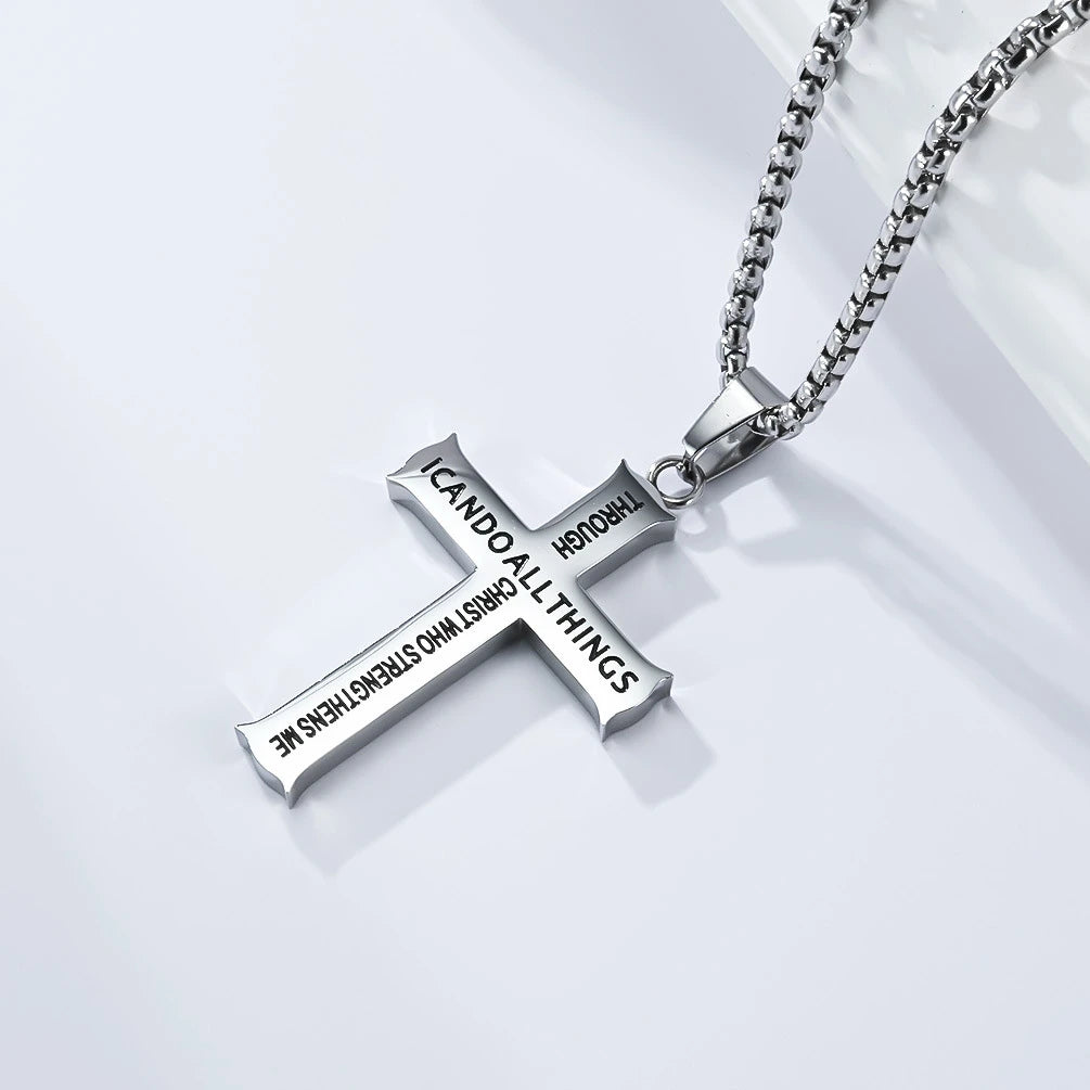 BlessingTree Philippians 4:13 Cross Pendant Necklace Stainless Steel Scripture Christian