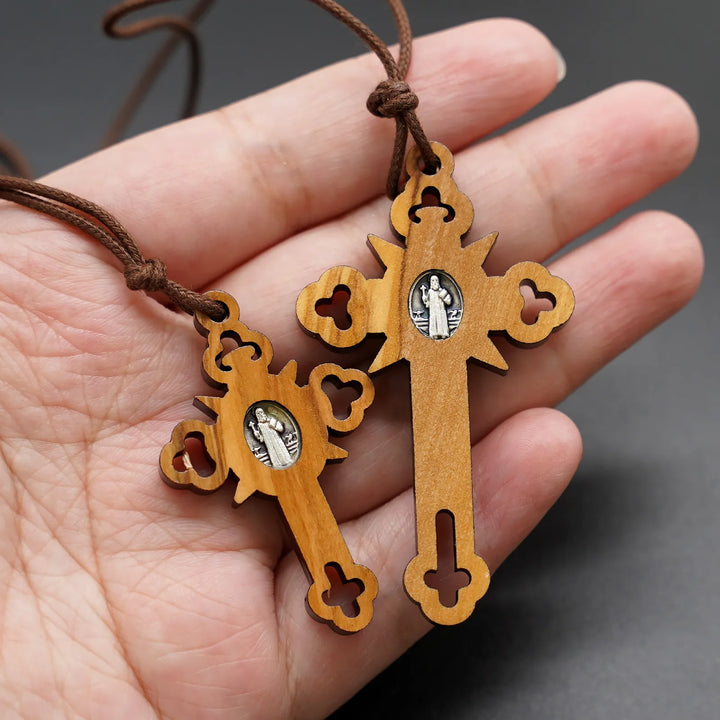 BlessingTree Saint Benedict Olive Wood Crucifix Necklace with Cutout Design