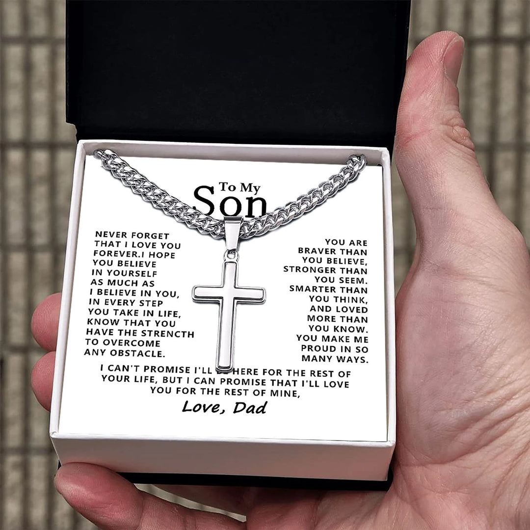To My Son Gift From Dad - BlessingTree Polished Stainless Steel Cross Necklace Premium Gift Set