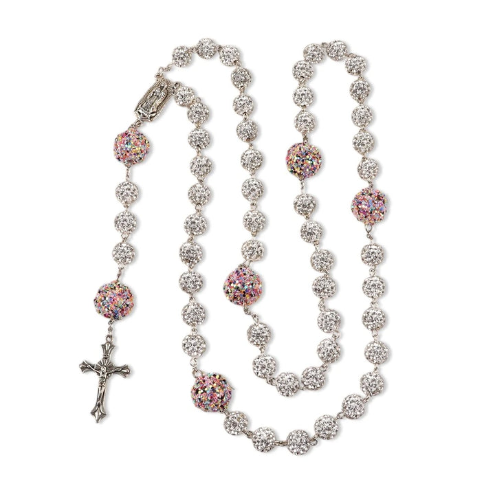 BlessingTree Our Lady of Guadalupe & Crucifix Rosary with 10mm White Rhinestone Beads