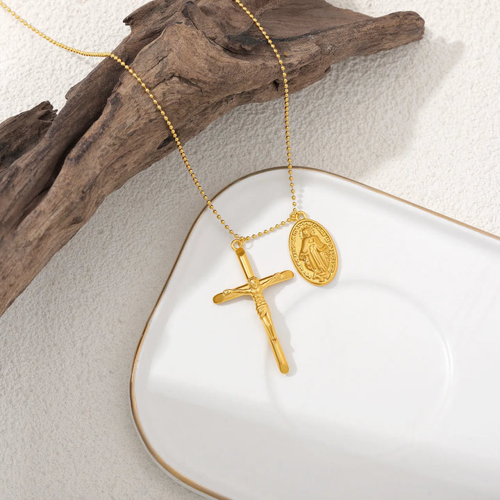 BlessingTree Virgin Mary Cross Necklace for Women with Ball Chain