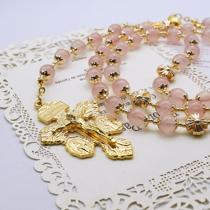 BlessingTree 8 mm Rose Quartz Rosary with Chalice and Forgiveness Cross