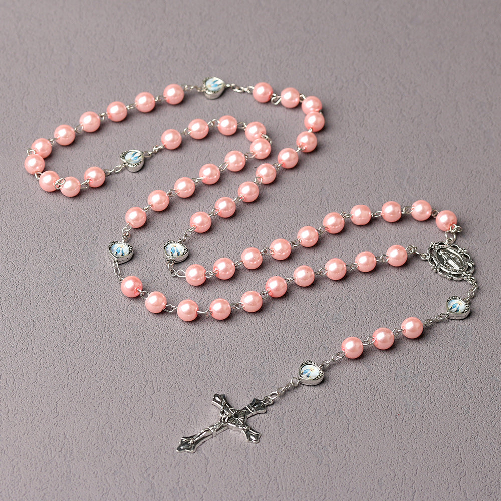 BlessingTree Elegant Pink Pearl Rosary Necklace with Classic Crucifix
