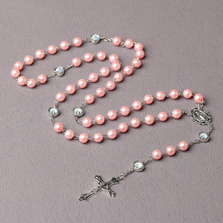 BlessingTree Elegant Pink Pearl Rosary Necklace with Classic Crucifix