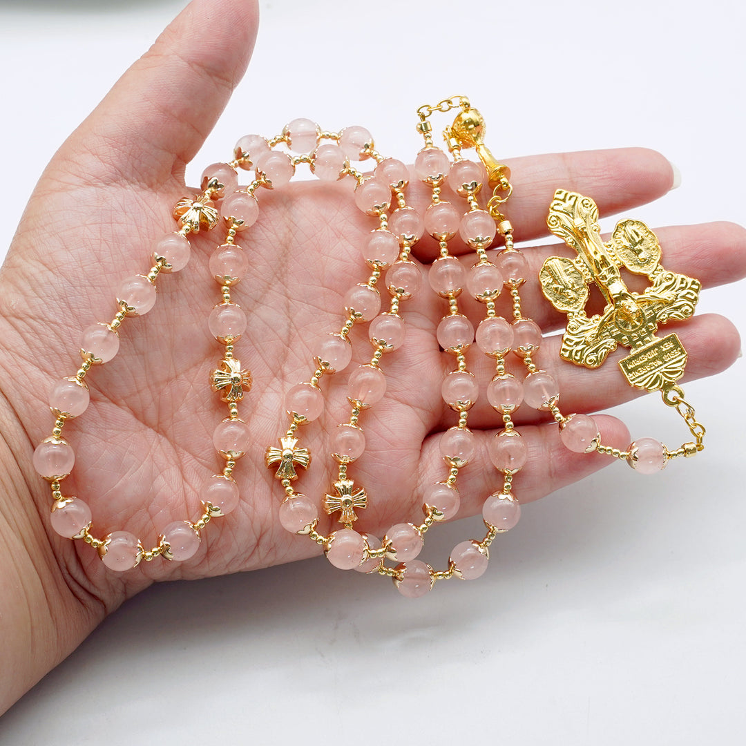BlessingTree 8 mm Rose Quartz Rosary with Chalice and Forgiveness Cross