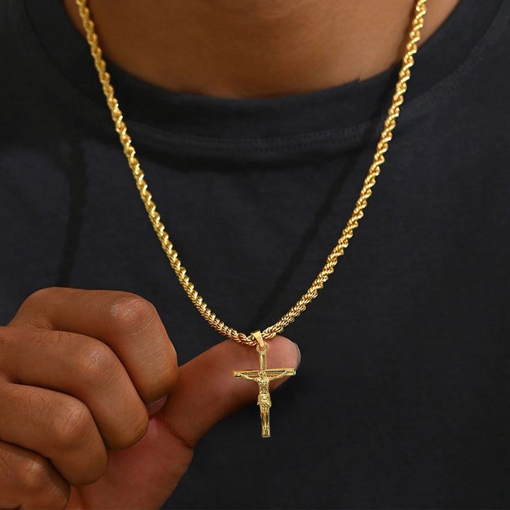 BlessingTree Gold Crucifix Pendant Necklace 18K Gold Plated Rope Chain Catholic Jesus Cross