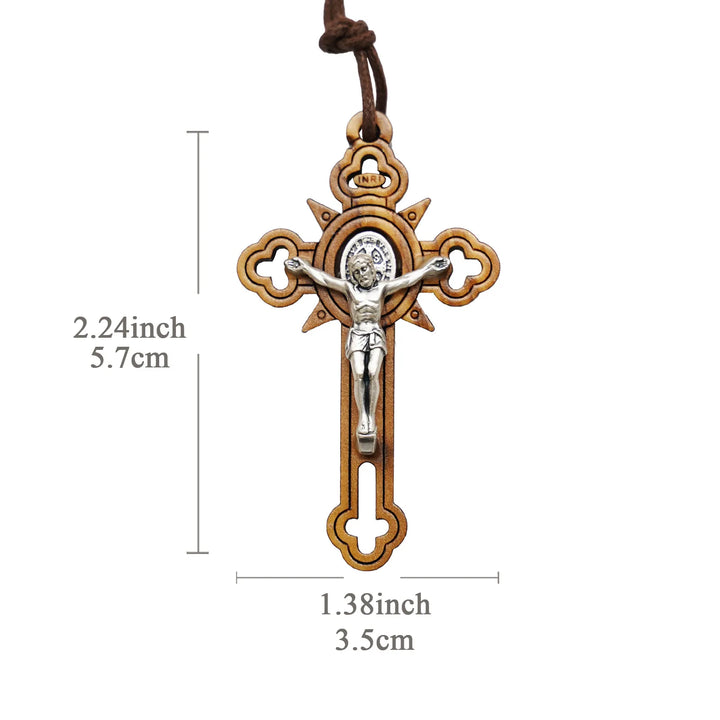 BlessingTree Saint Benedict Olive Wood Crucifix Necklace with Cutout Design
