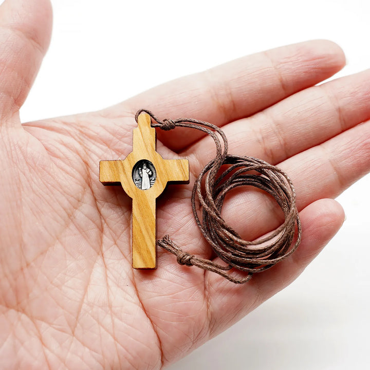 BlessingTree Olive Wood Saint Benedict Cross Necklace, Hand Polished Catholic Crucifix with Cord