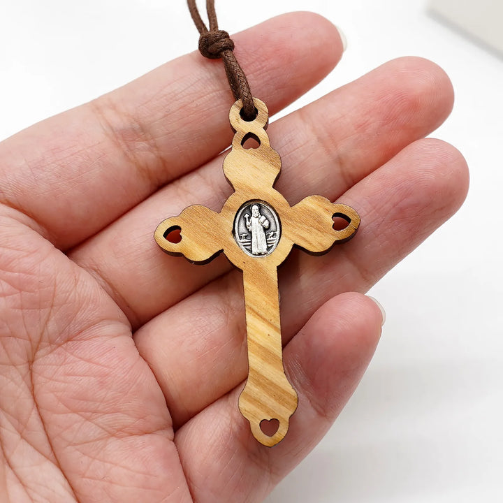 BlessingTree St. Benedict Olive Wood Crucifix Necklace with Cord Handcrafted Design