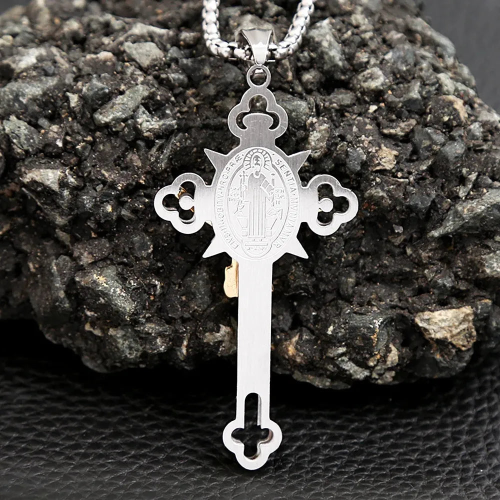 BlessingTree Saint Benedict Cross Pendant Necklace in Polished Titanium Steel with 2.5mm Chain