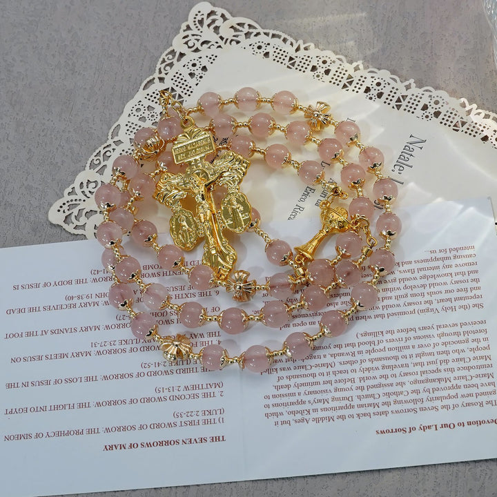 BlessingTree 8 mm Rose Quartz Rosary with Chalice and Forgiveness Cross