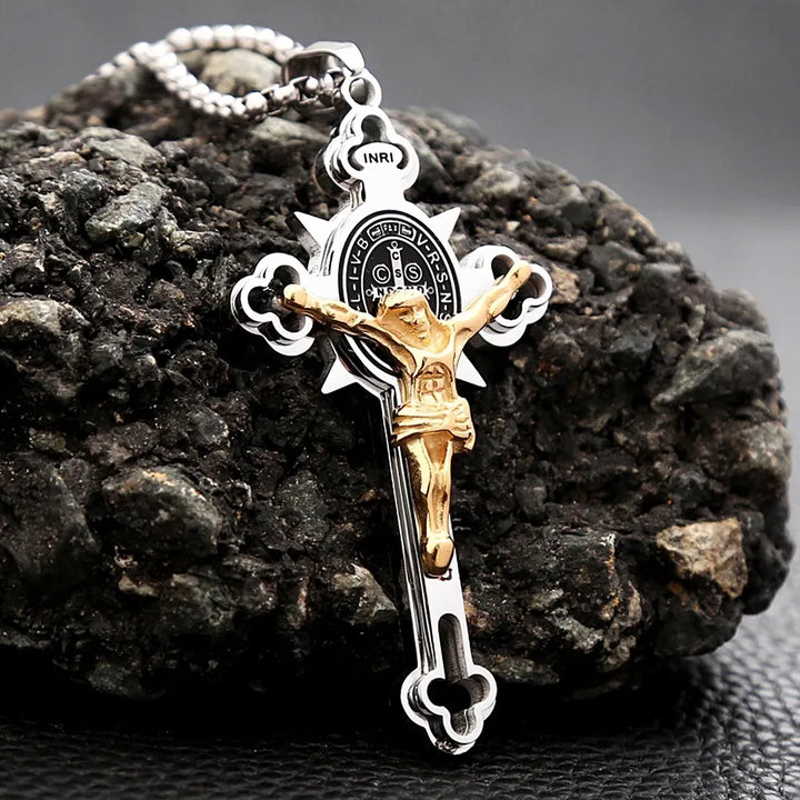 BlessingTree Saint Benedict Cross Pendant Necklace in Polished Titanium Steel with 2.5mm Chain