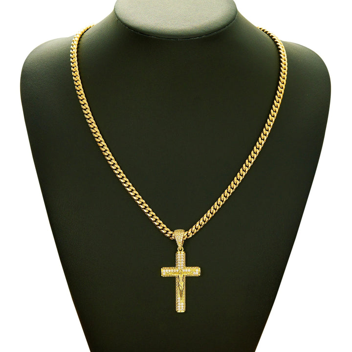 BlessingTree Iced Out Crucifix Pendant Necklace Gold Plated Zircon Cuban Link Chain