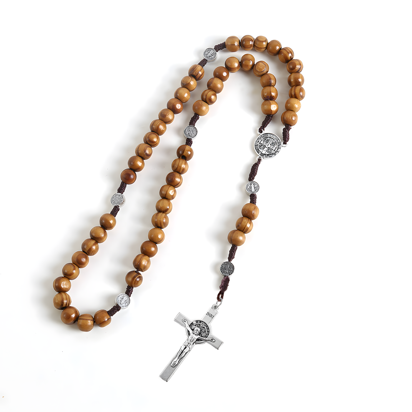 BlessingTree 10mm Pine Wood Beads Rosary Necklace with Alloy Crucifix