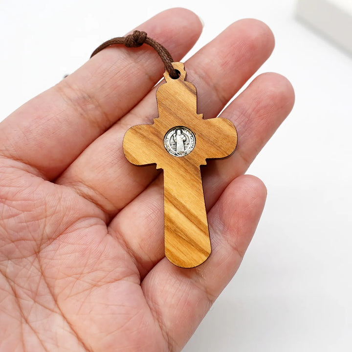 BlessingTree Saint Benedict Olive Wood Crucifix Necklace with Cord