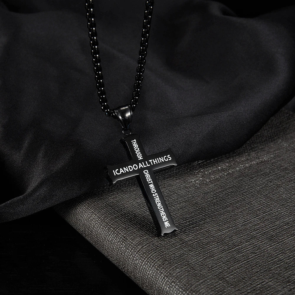 BlessingTree Philippians 4:13 Cross Pendant Necklace Stainless Steel Scripture Christian