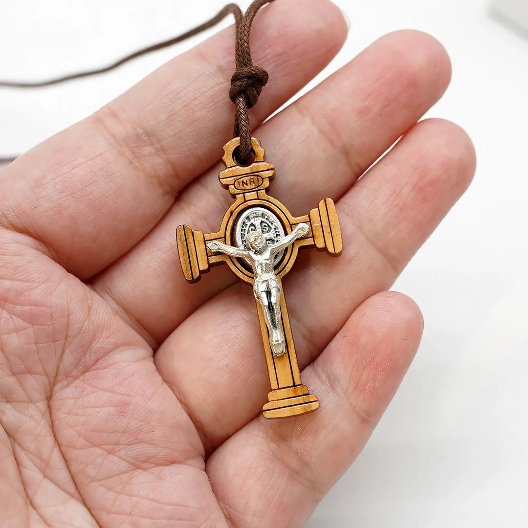 BlessingTree Saint Benedict Gothic Olive Wood Crucifix Necklace with Cord