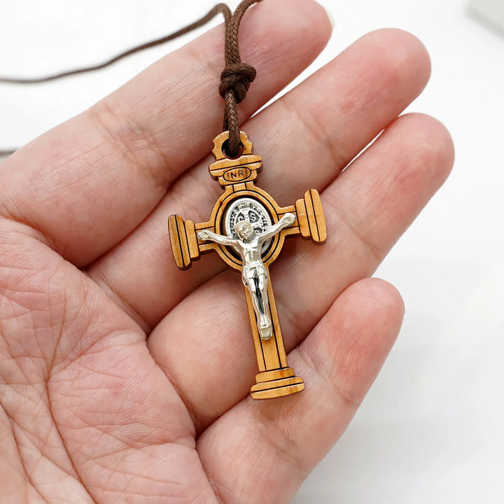 BlessingTree Saint Benedict Gothic Olive Wood Crucifix Necklace with Cord