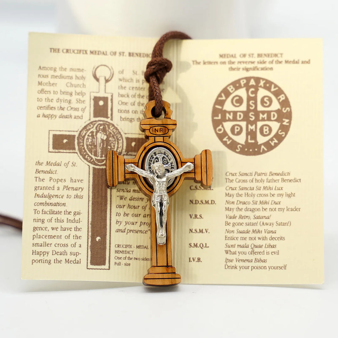 BlessingTree Saint Benedict Gothic Olive Wood Crucifix Necklace with Cord
