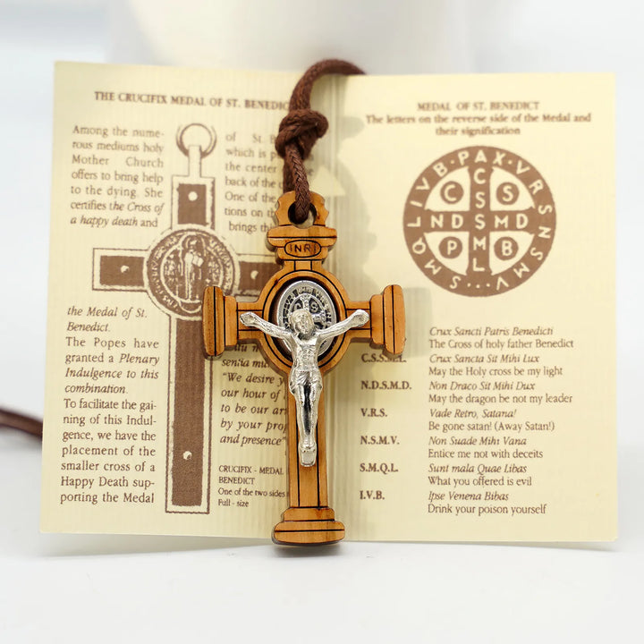 BlessingTree Saint Benedict Gothic Olive Wood Crucifix Necklace with Cord