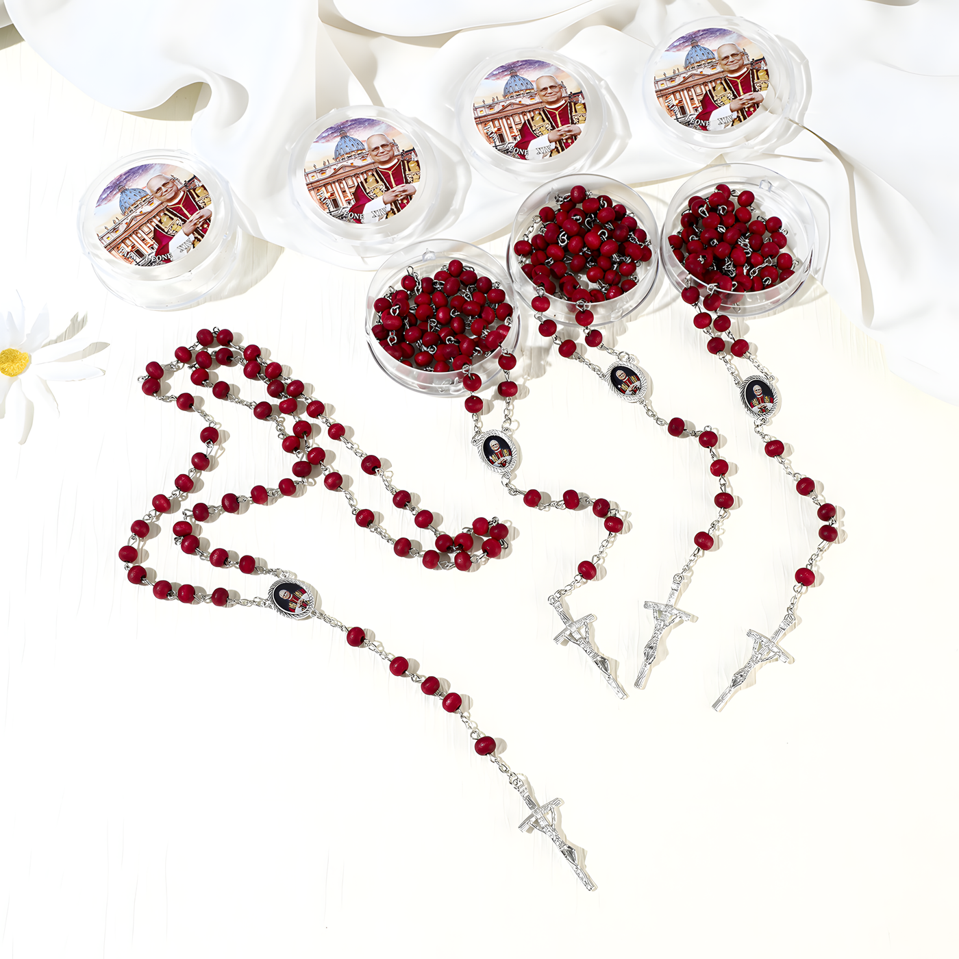 BlessingTree Pope Leo XIV Red Rose Scented Wooden Rosary Necklace with Crucifix