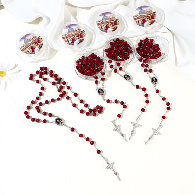 BlessingTree Pope Leo XIV Red Rose Scented Wooden Rosary Necklace with Crucifix