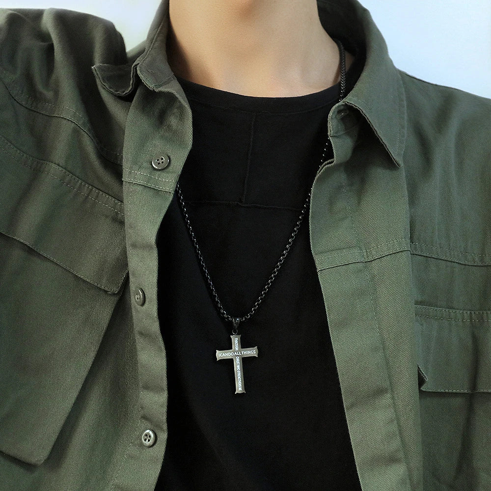 BlessingTree Philippians 4:13 Cross Pendant Necklace Stainless Steel Scripture Christian