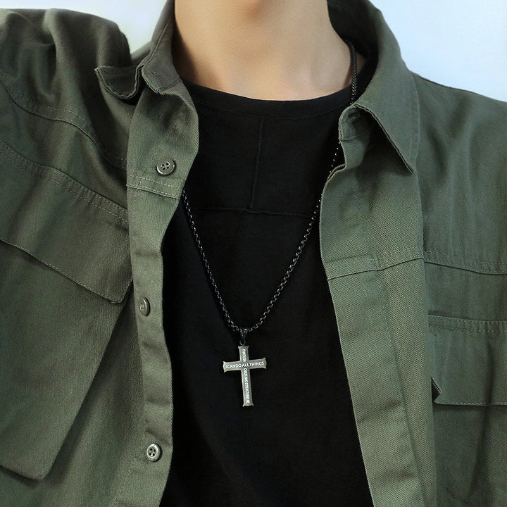 BlessingTree Philippians 4:13 Cross Pendant Necklace Stainless Steel Scripture Christian