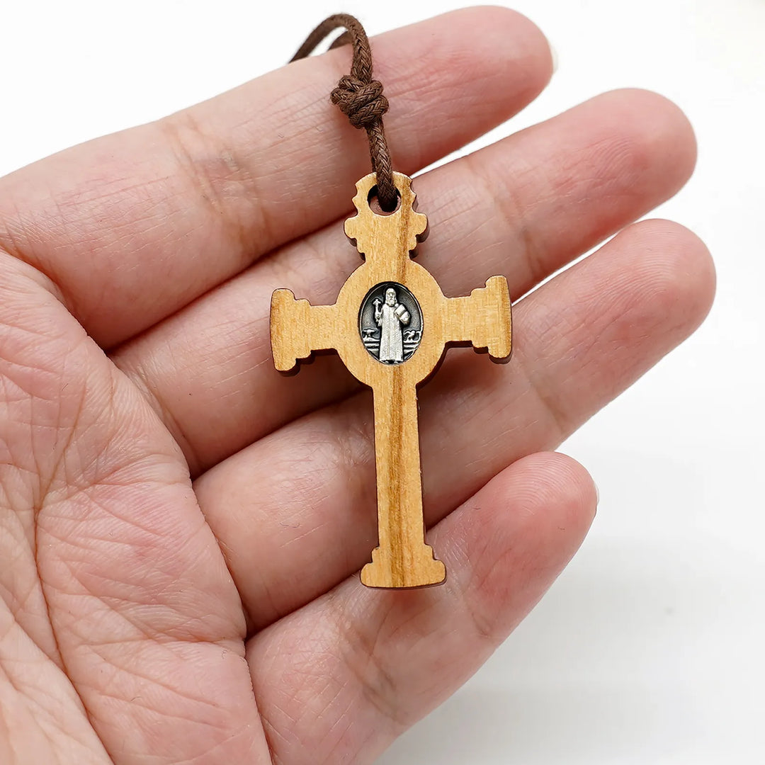 BlessingTree Saint Benedict Gothic Olive Wood Crucifix Necklace with Cord