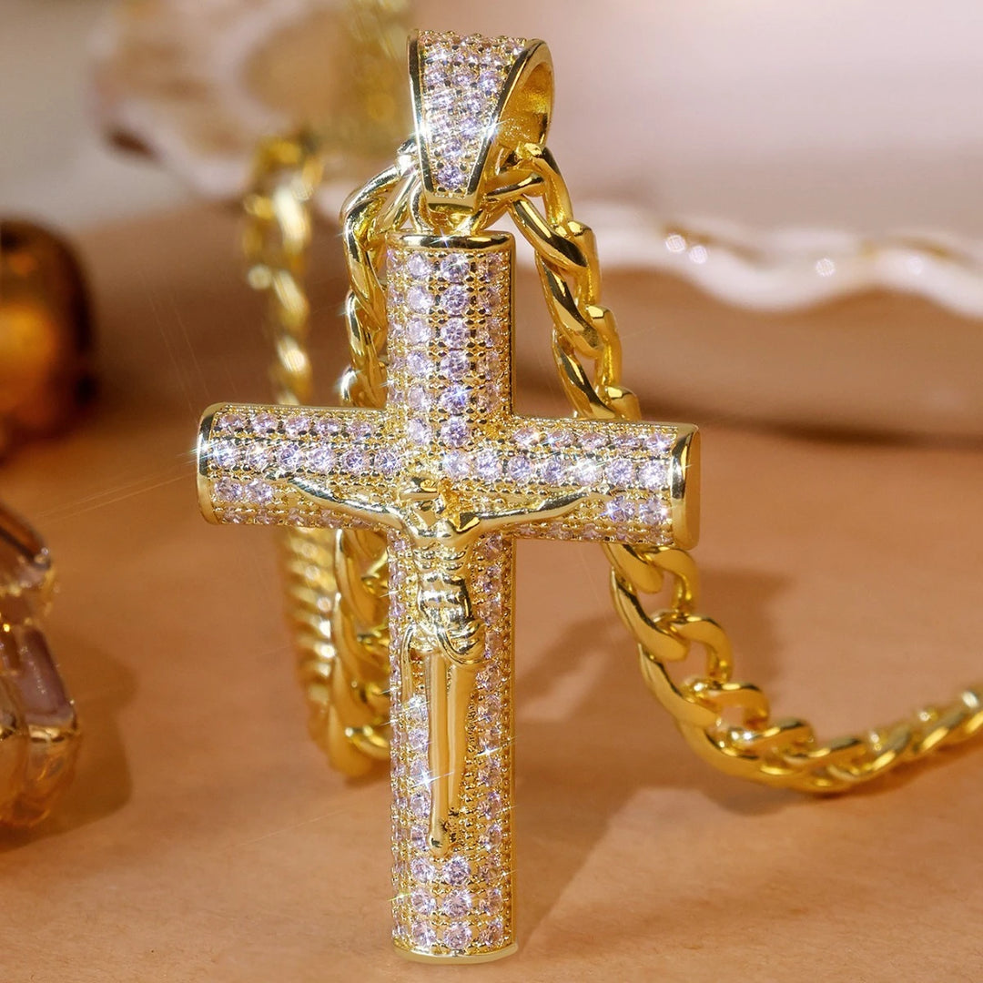 BlessingTree Iced Out Crucifix Pendant Necklace Gold Plated Zircon Cuban Link Chain