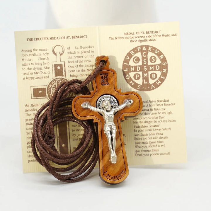 BlessingTree Saint Benedict Olive Wood Crucifix Necklace with Cord