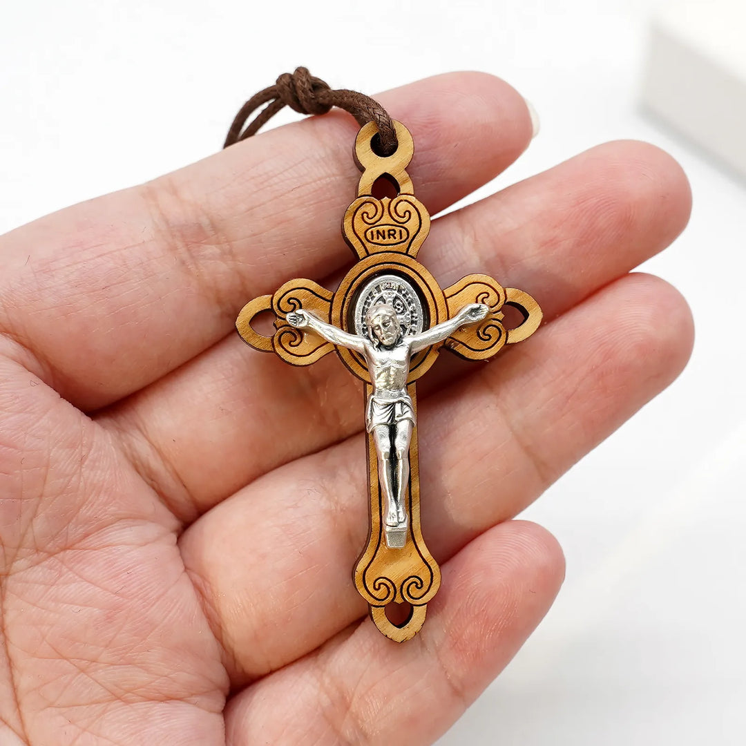 BlessingTree St. Benedict Olive Wood Crucifix Necklace with Cord Handcrafted Design